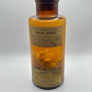 Antique S.E. Massengill Apothecary Bottle, Nasal Spray Tablets, Bristol Tenn-Va, Amber Glass With Original Tablets and Cork