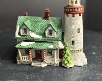 Vintage Dept 56 Craggy Cove Lighted Porcelain Lighthouse New England Village 1980s Christmas Decor