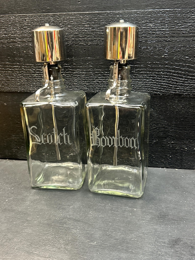 Vintage Mid Century Etched Scotch & Bourbon Decanter Set with Chrome Pumps
