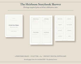 Kit stampabile per baby shower a tema "Heirloom Storybook", cartelli, etichette e biglietti per gli ospiti in stile vintage, download immediato.