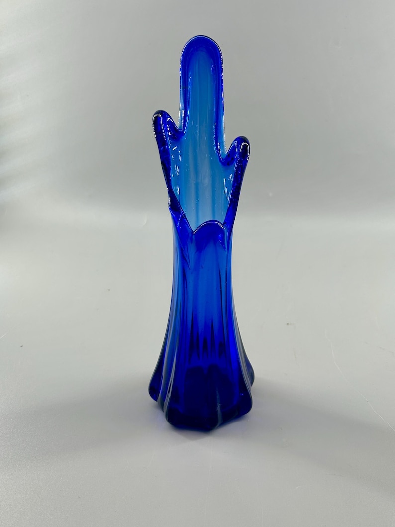 Vintage Cobalt Blue Art Glass Vase Swung Stretch Glass Cactus Form Mid Century Modern Hand Blown Retro Home Decor