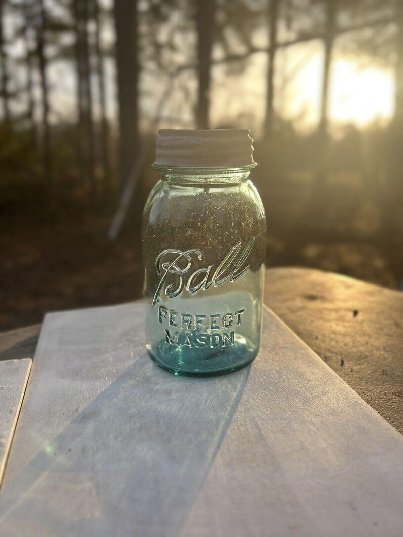 Rare Antique Blue Ball Perfect Mason Jar Blue with original Milk Glass Zinc Lid 1920’s #9. Gorgeous jar ! Has bubbles and a rare shaped 9 image 2