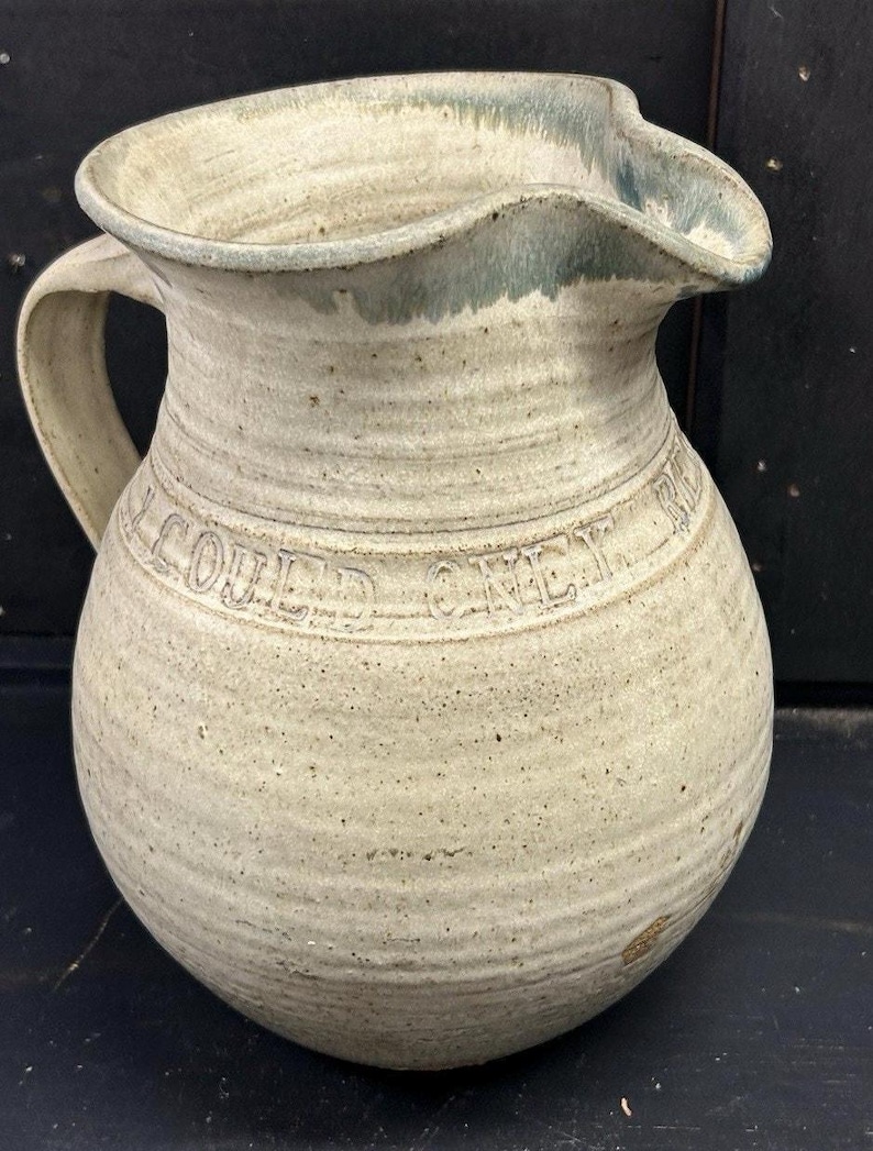 Vintage 1974 Studio Pottery Pitcher: Hand-Thrown Stoneware Motto Jug