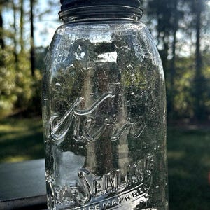 Antique Kerr Self Sealing Trademark Reg Mason Jar Half Gallon Clear Seed Bubbles Zinc Lid Sand Springs OK RB 1385