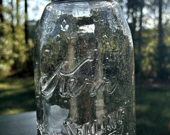 Tarro de cristal antiguo Kerr con cierre hermético, marca registrada, medio galón, transparente, con tapa de zinc, Sand Springs, OK RB 1385