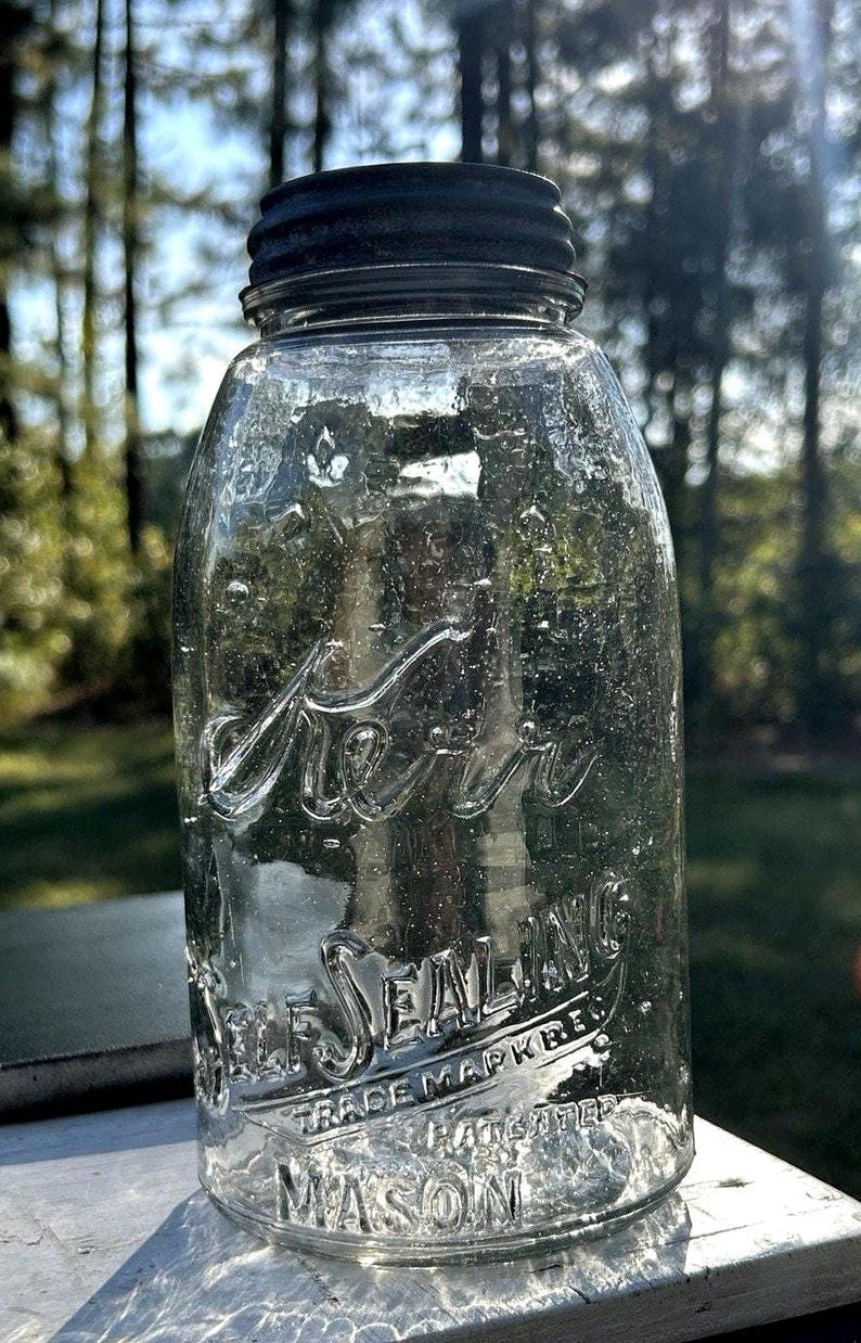 Antique Kerr Self Sealing Trademark Reg Mason Jar Half Gallon Clear Seed Bubbles Zinc Lid Sand Springs OK RB 1385