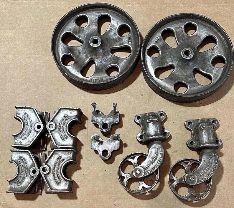 Antique Factory Cart Cast Iron Hardware Complete Set Chas E Francis Rushville Indiana Industrial Cart Wheels Original Parts