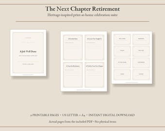 Kit stampabile per la festa di pensionamento "The Next Chapter", cartelli, etichette e biglietti per gli ospiti in stile vintage, download immediato.
