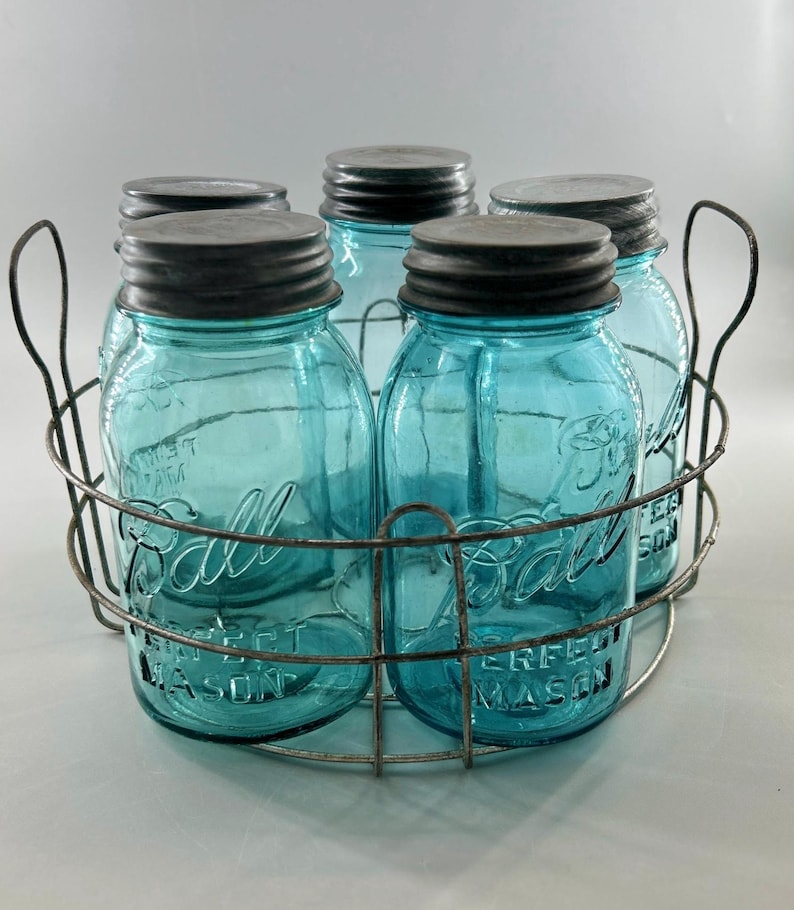 Antique Ball Perfect Mason Jar Set of 5 Original Wire Carrier Aqua Zinc Lids Complete 1920s Display