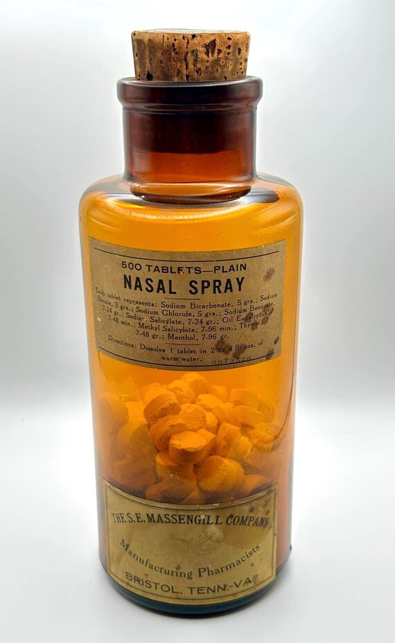 Antique S.E. Massengill Apothecary Bottle Amber Glass With Original Tablets and Cork Pharmacy Jar