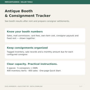 May include: Antique Booth & Consignment Tracker digital download. Features include booth number tracking for sales, commissions, fees, and rent. Organizes inventory and consignor payouts for 5 spaces, 5 consignors plus own, 400 items, and 400 sales.