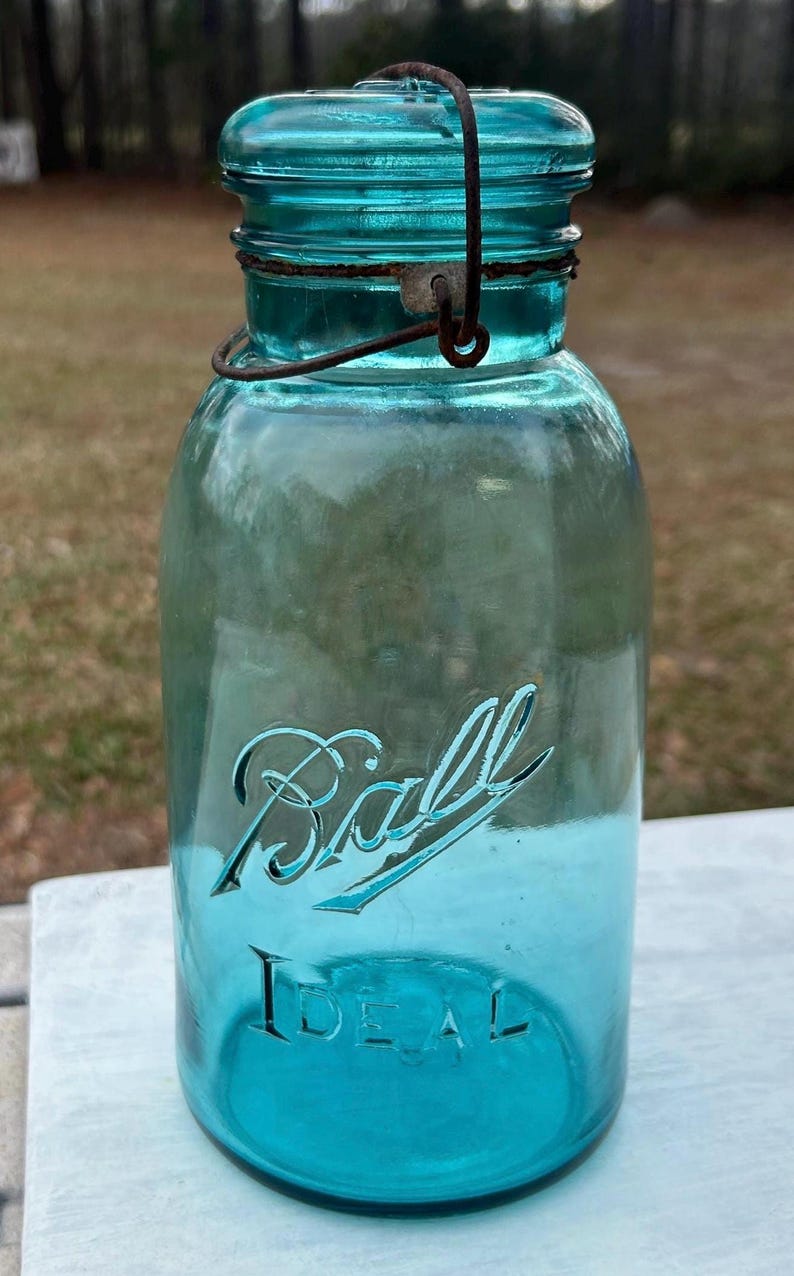 Antique Ball Ideal Half Gallon Aqua Blue Mason Jar Dropped A Underlined Logo Wire Bail Glass Lid 1915-1923