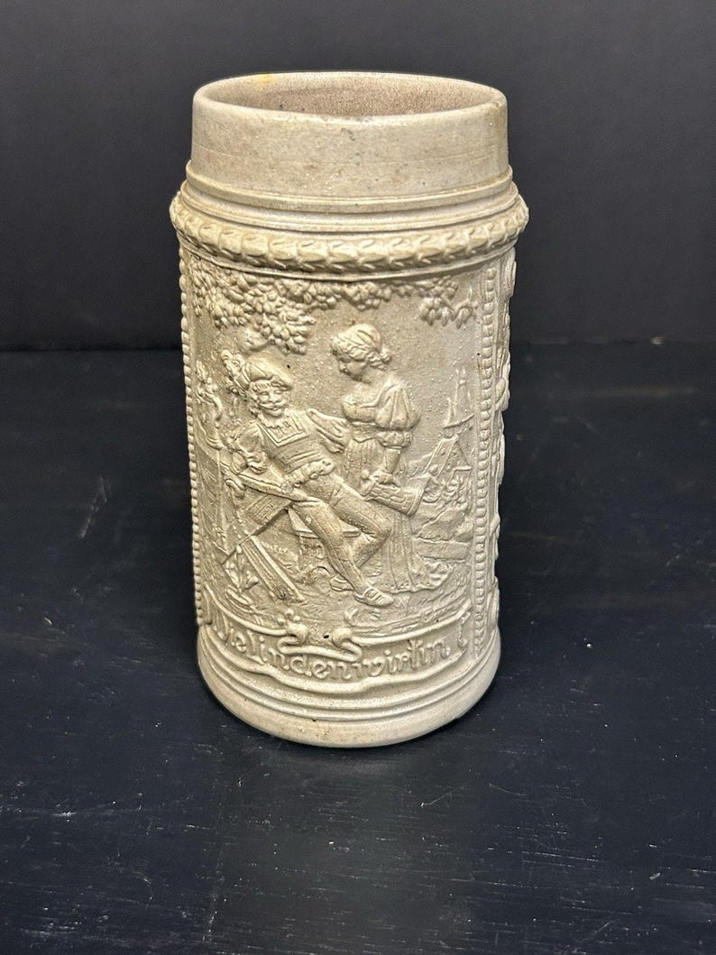 Vintage German Salt-Glazed Beer Stein Die Lindenwirtin Pewter-Lid Tankard