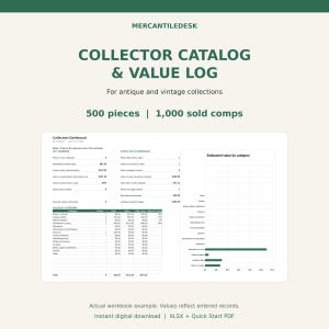 May include: A digital collector catalogue and value log workbook titled MERCANTILEDESK, featuring a collection dashboard with key numbers, check-ups, insurance data, and a bar chart showing estimated value by category for antique and vintage items.