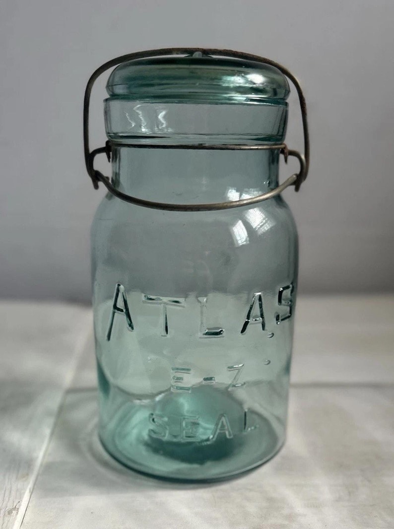 Antique Hazel-Atlas E-Z Seal Quart Aqua Fruit Jar Glass Lid Wire Bail Lightning Closure Mold No. 2 RB 111