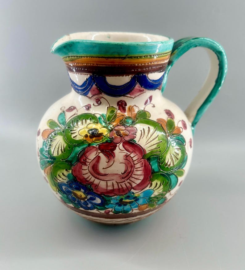 Vintage Spanish Talavera Faience Pottery Pitcher Hand Painted Floral Ceramic Jug Majolica