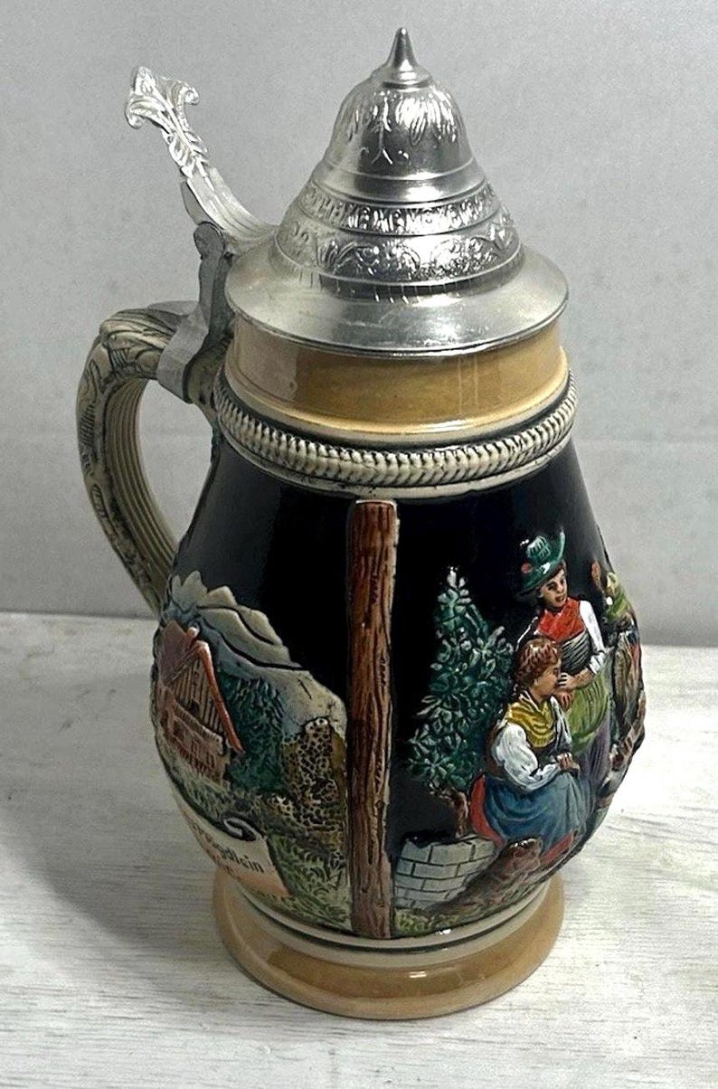 Vintage German Beer Stein 1 Liter Pewter Lid Bavarian Village Scene Oktoberfest Mug Rustic Bar Collectible