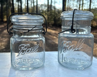 Antique Ball Ideal Clear Glass Mason Jar Set of 2 Square Pint Tall Quart Wire Bail Lids Early 1900s
