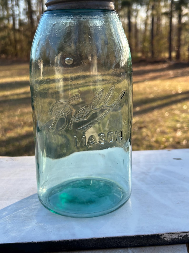 Antique Ball Triple-L MASON Half Gallon Aqua Mason Jar Shoulder Seal Zinc Lid Seed Bubbles 1900-1910