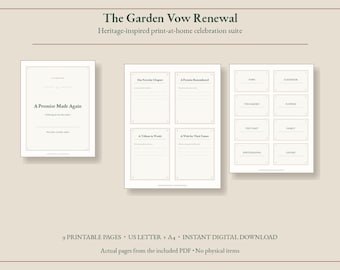 Kit stampabile per il rinnovo delle promesse nuziali in giardino, cartelli, etichette e biglietti per gli ospiti in stile vintage, download immediato.