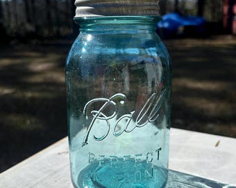 Ball Ideal Quart Mason Jar, PAT'D July 14 1908, Aqua Glass With