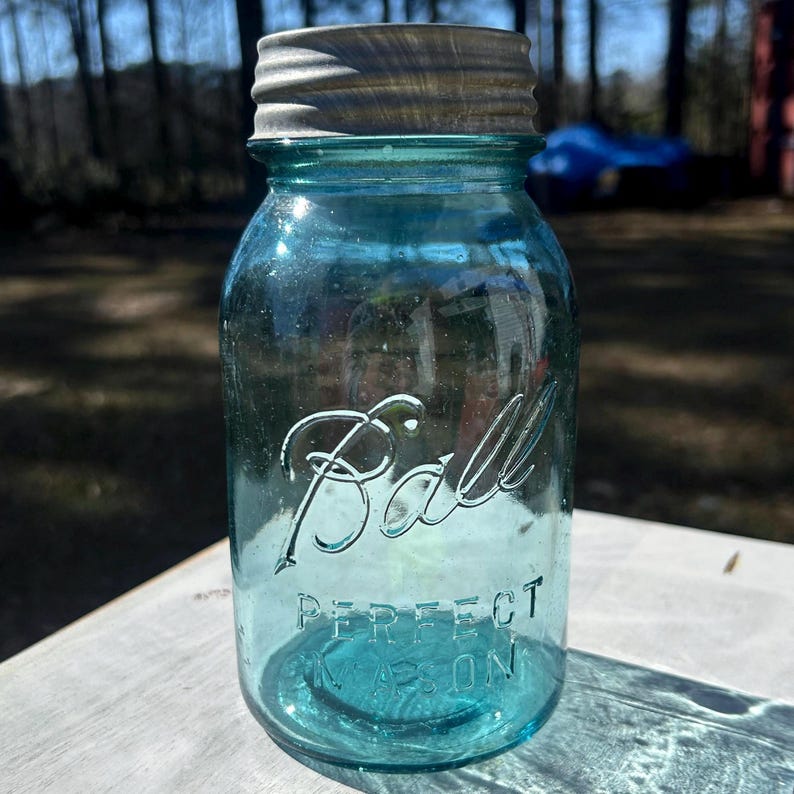 Ball Perfect Mason Jar Mold #13 Aqua Quart 1920s Seed Bubbles Zinc Lid Antique Fruit Jar