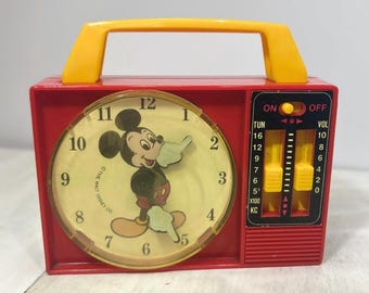 Vintage 1970s Mickey Mouse Clock Radio, Walt Disney ILCO Red Yellow Alarm Toy with Moving Eyes, Retro Nursery Decor