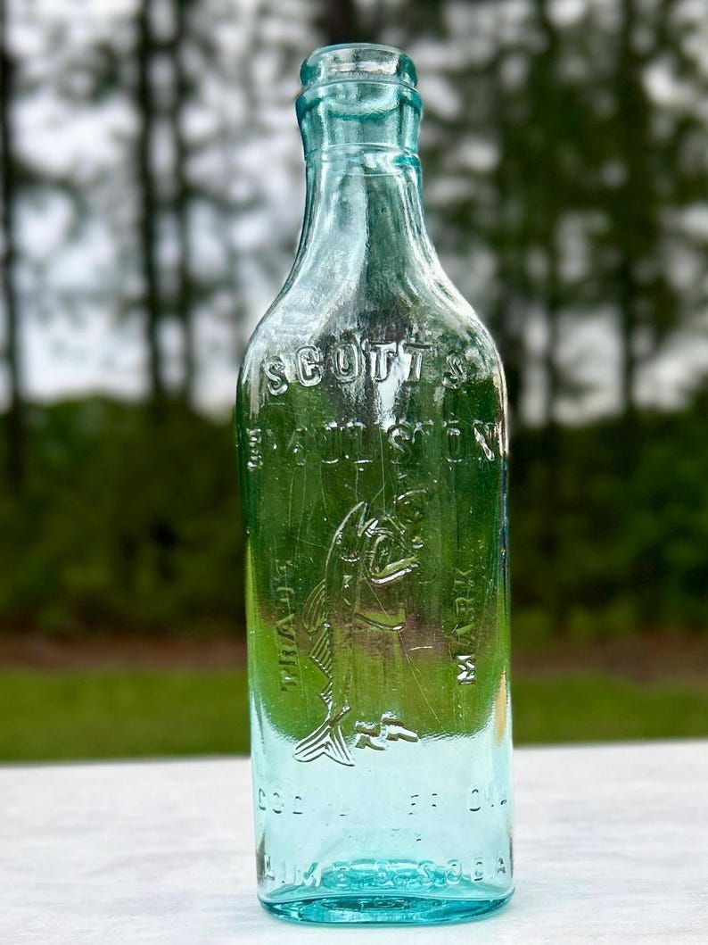 Antique Scott’s Emulsion Aqua Blue Cod Liver Oil With Lime & Soda Bottle Embossed Fisherman Patent Medicine