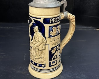 Boccale da birra antico tedesco con coperchio Marzi & Remy, Prosit 0,5L, coperchio in peltro, oggetto da collezione per appassionati di birra.