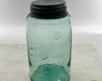 Ball Ideal Quart Mason Jar, PAT'D July 14 1908, Aqua Glass With