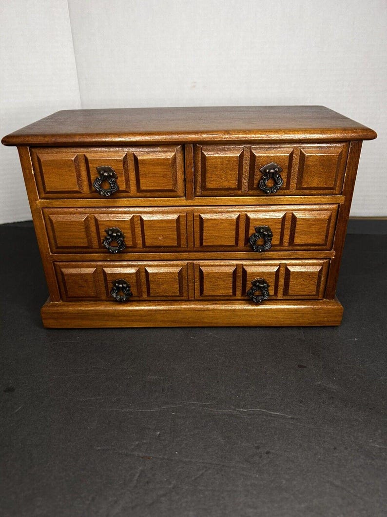 1970s Wooden Music Jewelry Box with 4 Drawers