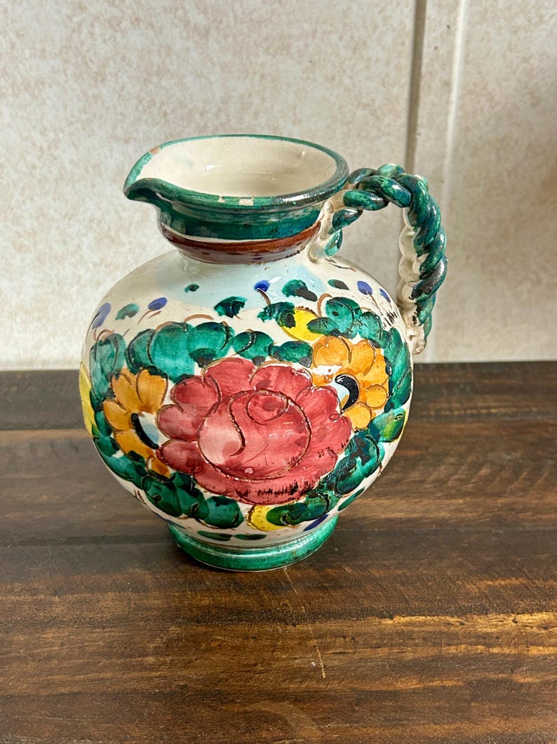 Vintage Hand Painted Spanish Majolica Talavera Style Faience Pitcher Twisted Handle Floral Jug