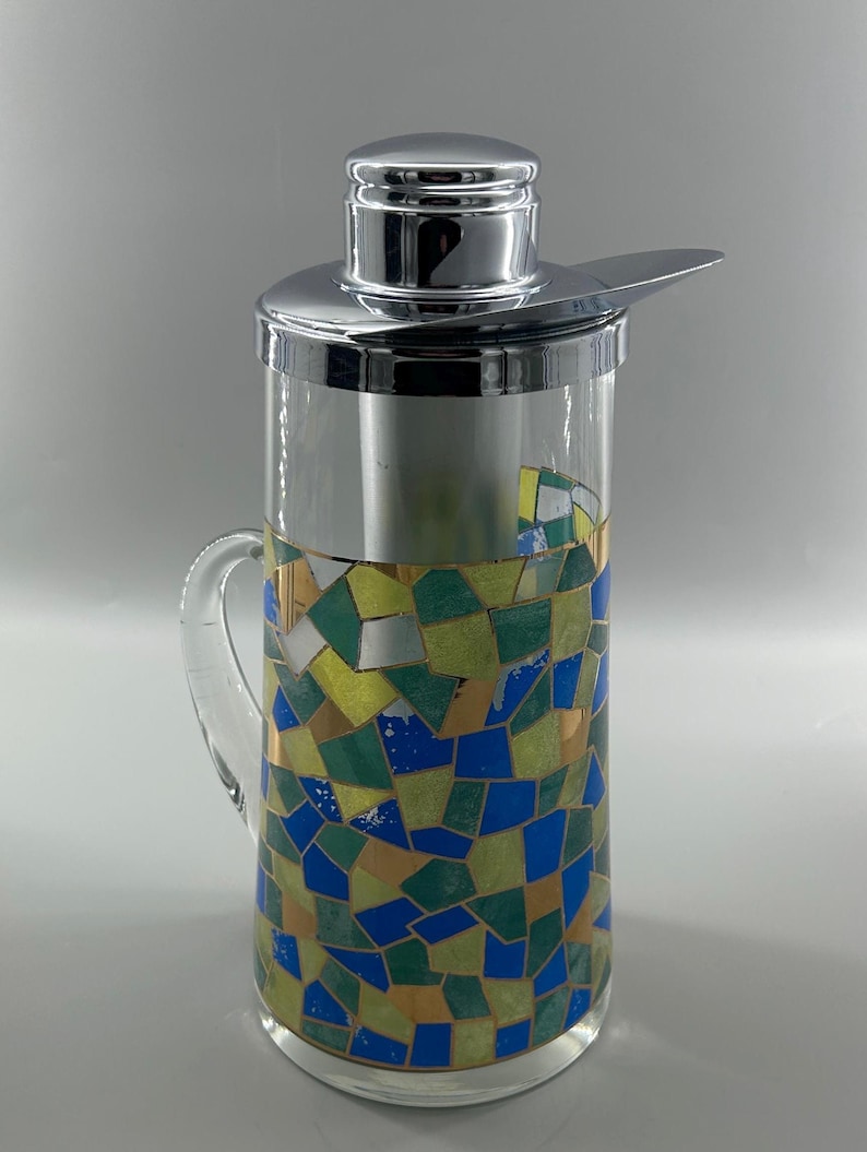 Mid Century Modern Mosaic Glass Pitcher w Chrome Lid & Ice Tube Insert