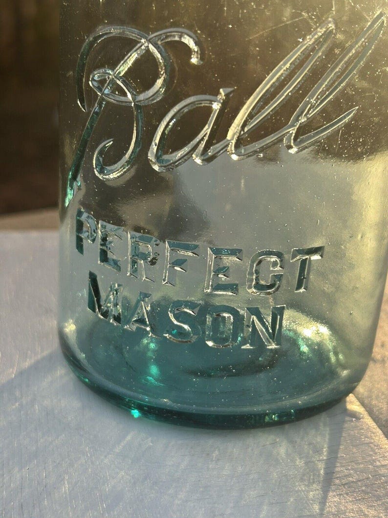 Rare Antique Blue Ball Perfect Mason Jar Blue with original Milk Glass Zinc Lid 1920’s #9. Gorgeous jar ! Has bubbles and a rare shaped 9 image 3