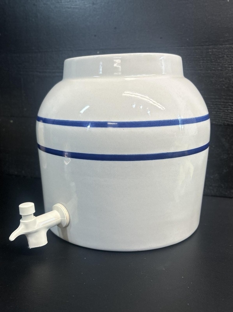 Springwell Stoneware Water Crock Blue Stripe Spigot Beverage Dispenser ...