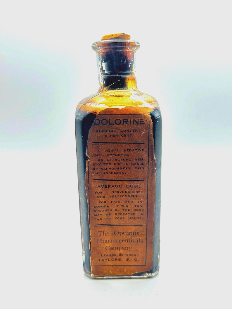 Antique Taylors SC Dolorine Medicine Bottle Full Contents Nerve Sedative Apothecary Cork Stopper