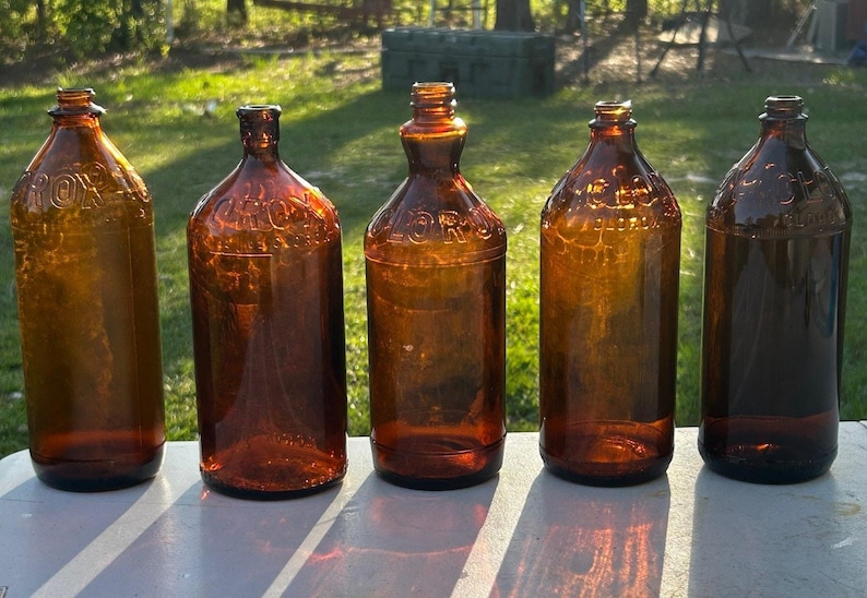 Vintage Clorox Bottles 1932-1955 Brown Amber Glass Advertising Set of 5