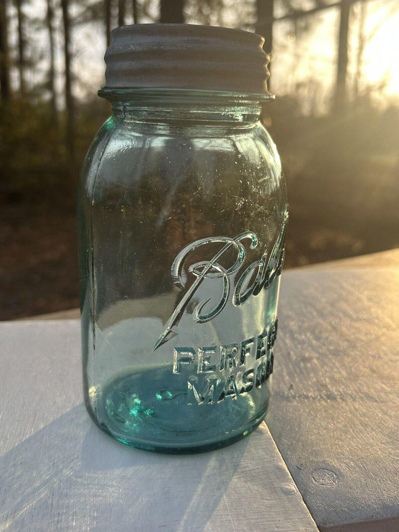 Rare Antique Blue Ball Perfect Mason Jar Blue with original Milk Glass Zinc Lid 1920’s #9. Gorgeous jar ! Has bubbles and a rare shaped 9 image 7