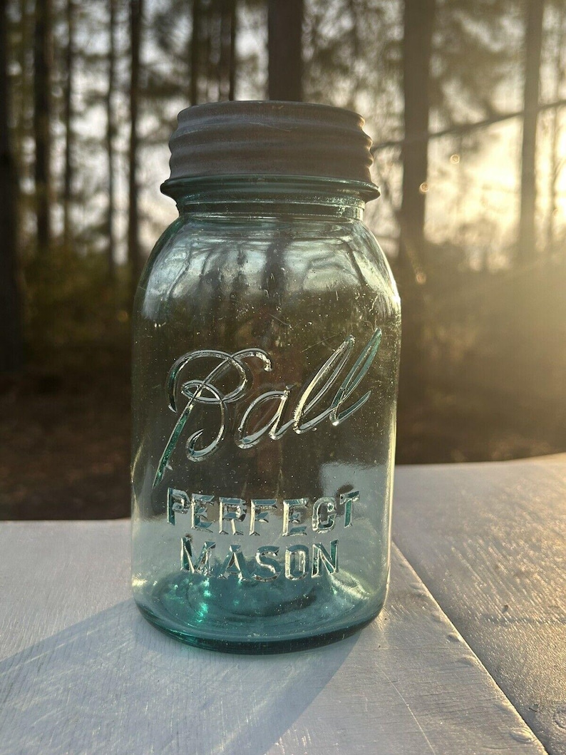 Rare Antique Blue Ball Perfect Mason Jar Blue with original Milk Glass Zinc Lid 1920’s #9. Gorgeous jar ! Has bubbles and a rare shaped 9 image 8