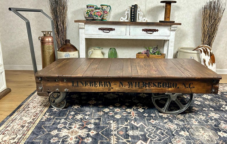 Antique Nutting Factory Cart Coffee Table Restored Industrial Mill Cart Cast Iron Wheels Vintage Factory Cart