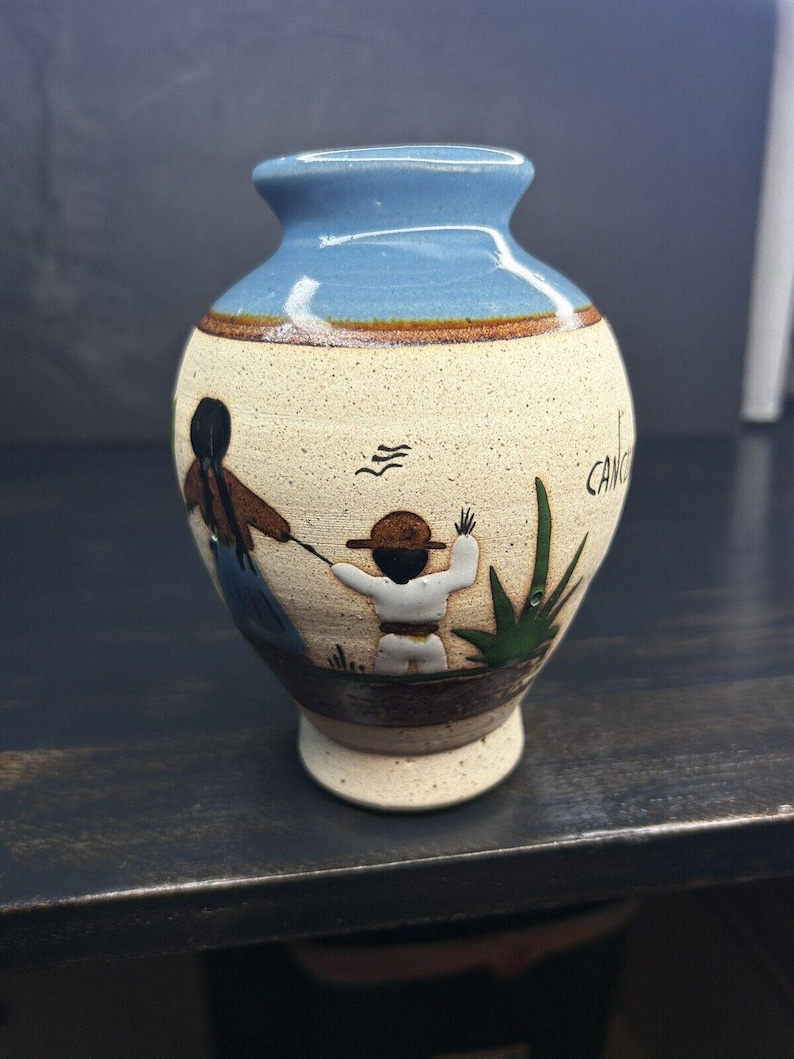 Vintage Hand-Painted Mexican Folk Art Pottery Vase