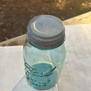 Rare Antique Blue Ball Perfect Mason Jar Blue with original Milk Glass Zinc Lid 1920’s #9. Gorgeous jar ! Has bubbles and a rare shaped 9 image 6