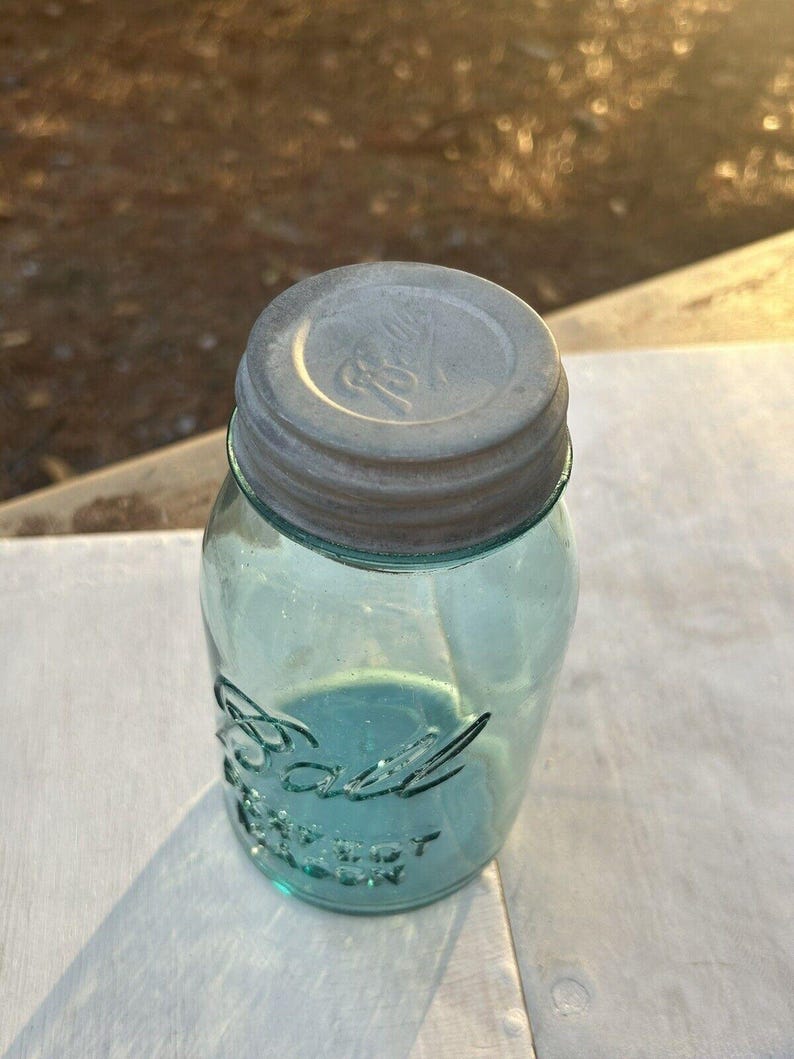 Rare Antique Blue Ball Perfect Mason Jar Blue with original Milk Glass Zinc Lid 1920’s #9. Gorgeous jar ! Has bubbles and a rare shaped 9 image 6