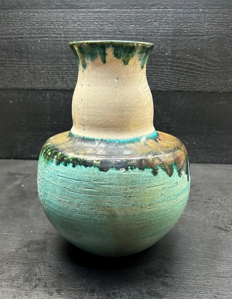 Vintage Turquoise Drip Glaze Studio Pottery Vase Signed Ernest Mitchell 1994 Handmade Ceramic Art Pottery Vase Mid Century Style