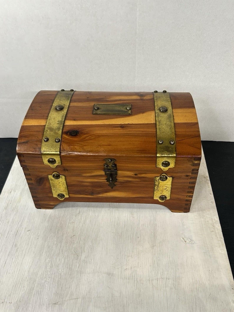 Antique 1926 McGraw Box Co Cedar Jewelry Chest Patented Mini Trunk Brass Hardware Vintage Keepsake Box