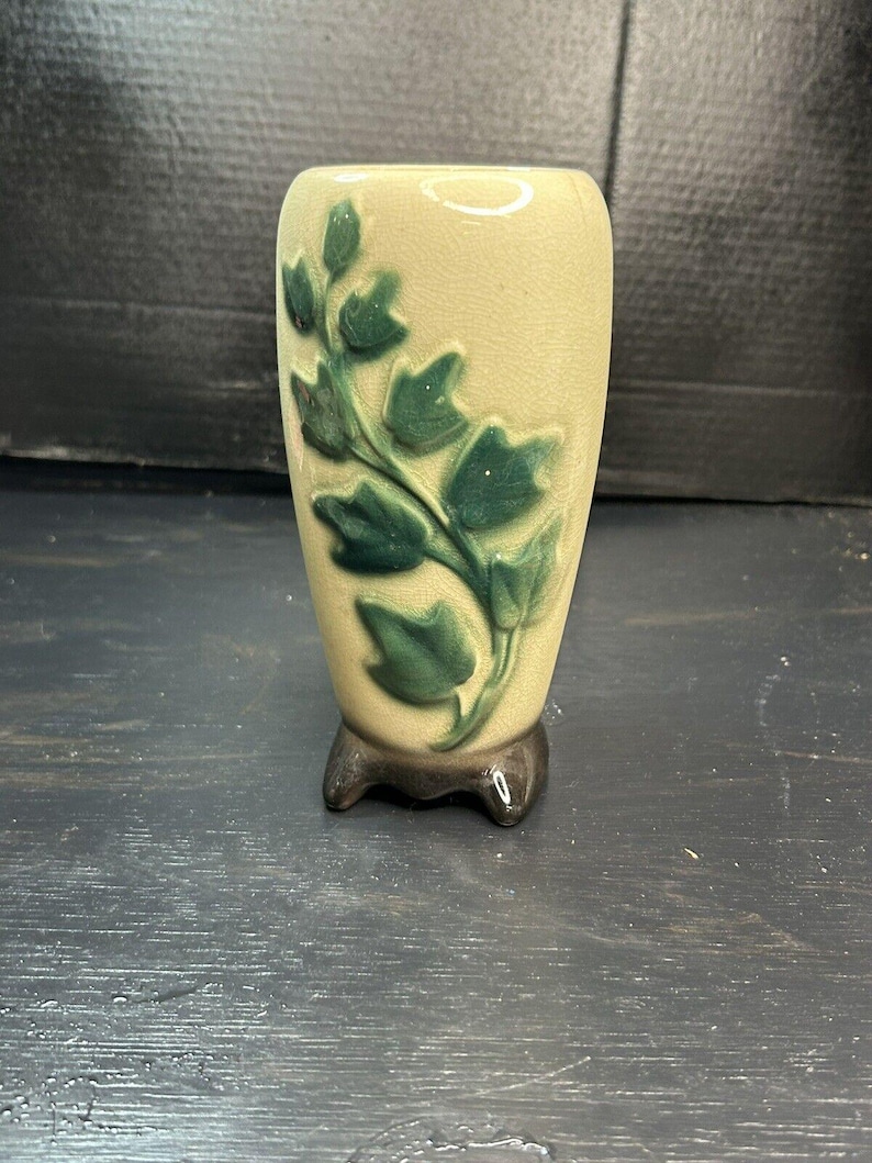 Vintage Green Floral Art Pottery Vase
