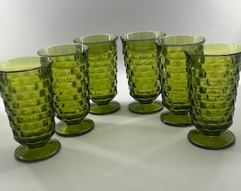 Avocado Green Whitehall Glass Tumblers Set of 6 Honeycomb Footed Indiana Glasses, Mid Century Barware