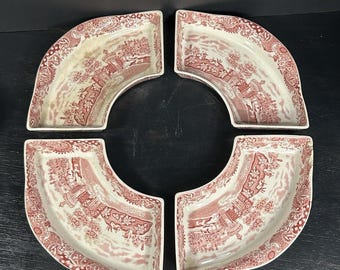 Antique Red Transferware Bowls Set of 4, Midwinter England Scenic Porcelain Ironstone China