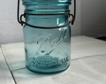 Antique Ball Sure Seal Mason Jar – Aqua Blue Pint, 1930s Wire Bail, Rare Embossed Canning Jar, Farmhouse Primitive Decor