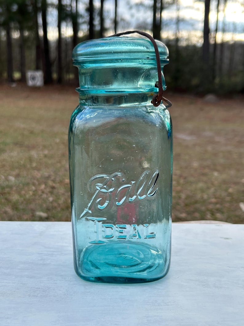 Antique Ball Ideal Square Aqua Mason Jar WIRE SIDE Glass Lid Wire Bail Early 1900s